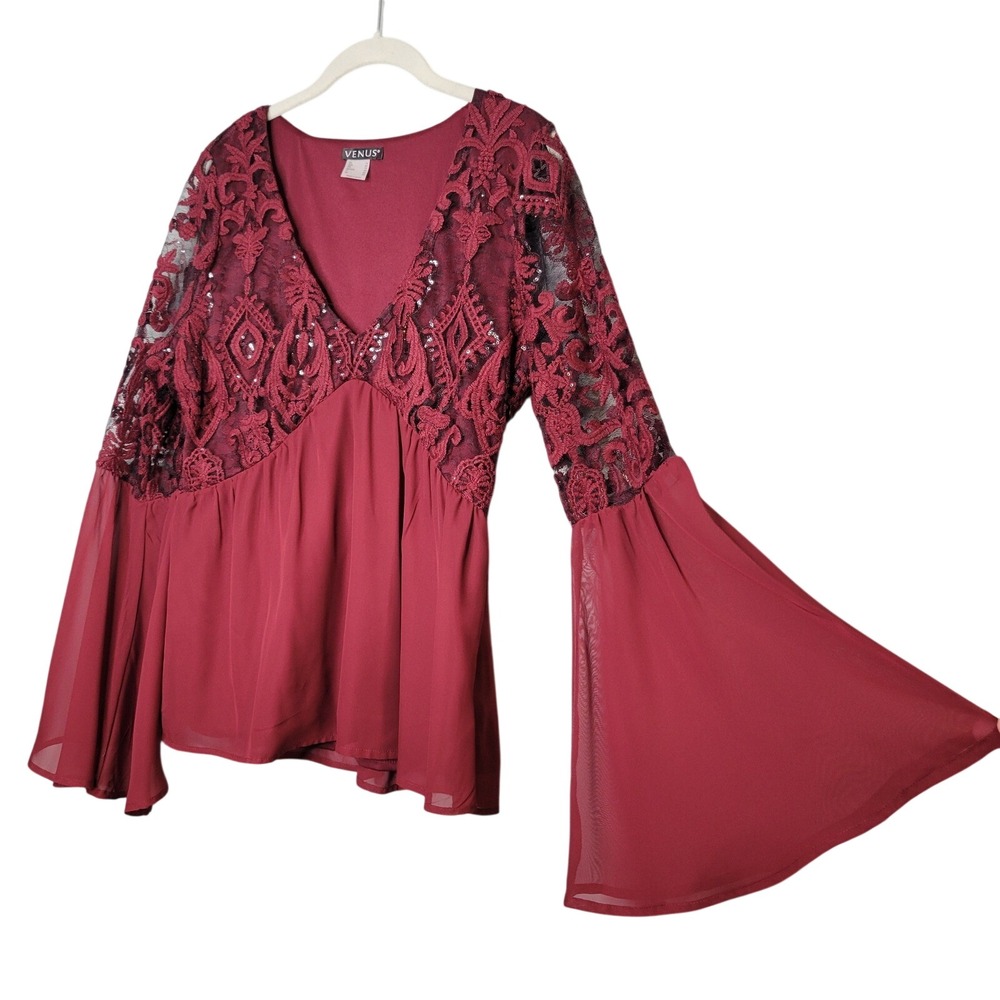 Venus Womens Burgundy Lace Bell Sleeve Boho Top Size 10 V-Neck Flowy Jewel Tone